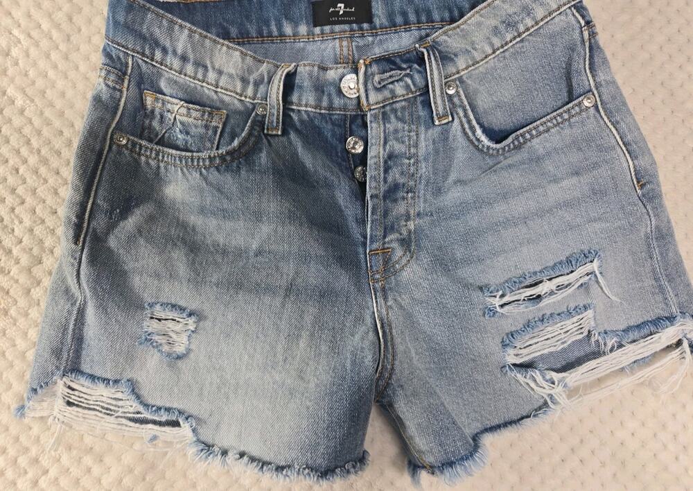 7 For All Mankind Los Angeles Womens Denim Shorts Distressed Raw Hem Button Fly
